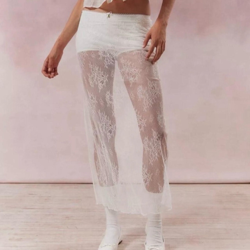 UO Jules sheer lace midi maxi skirt 
Elegant Sheer White Lace Skirt